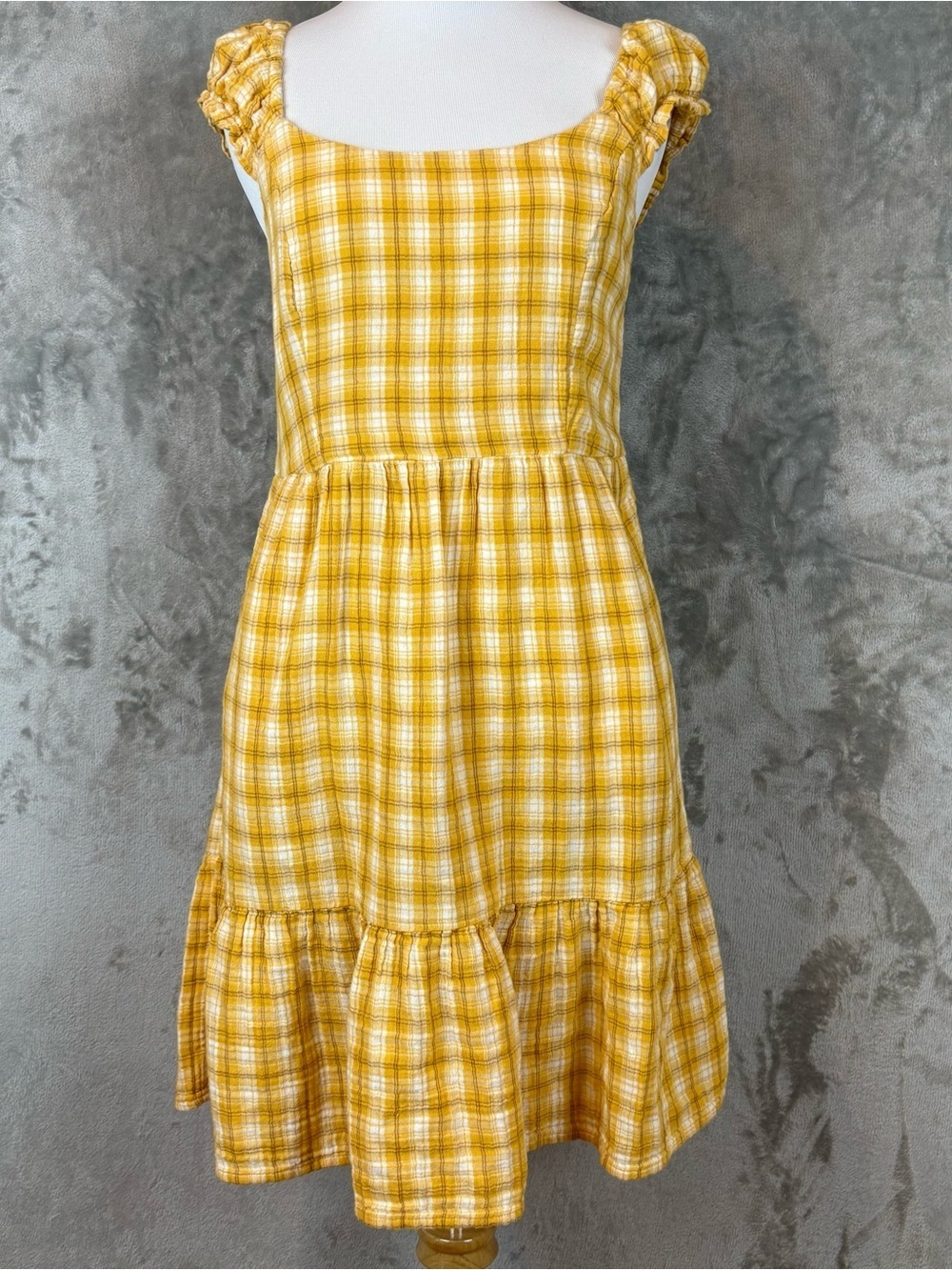 Old Navy Yellow Plaid Tiered Ruffle Sleeve Sundress Sz S Tall